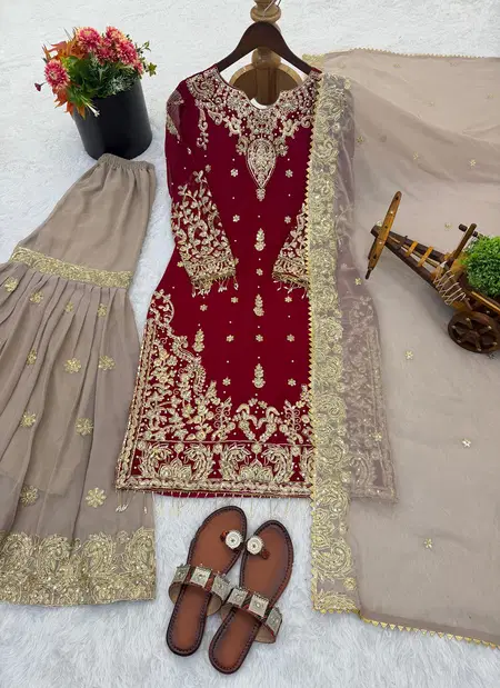 Sr 1699 Faux Georgette Embroidery Work Top With Sharara Dupatta Exporters In India